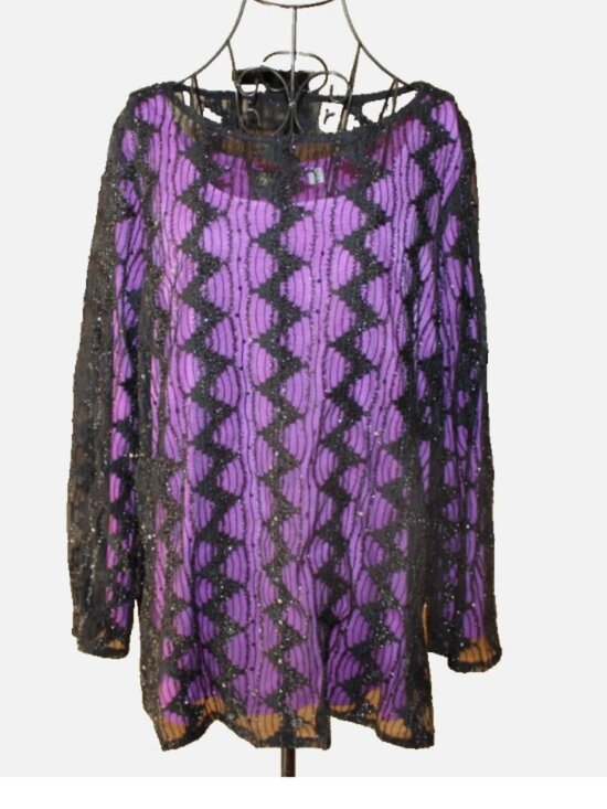 Bob Mackie Tops - NWT Bob Mackie Wearable Art 1X Purple Black Chevron Sequin Lace Tunic Top